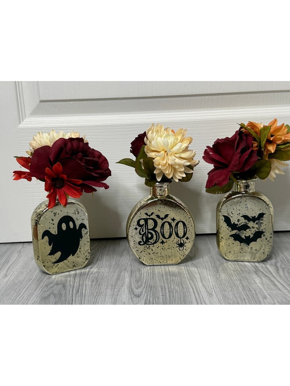 Set of 3 Halloween Gold Glass Floral Vases Ghost Boo and Bats Fall Decor